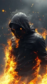 Hooded fireborn vigilante strides through smoldering inferno.