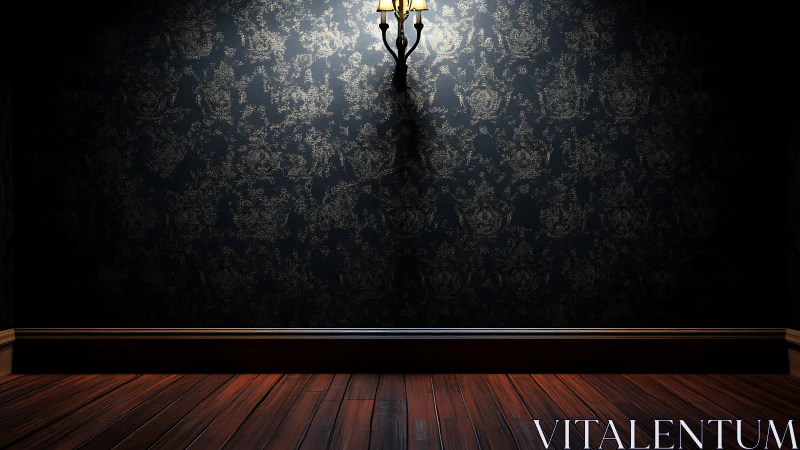 Wall sconce illuminates patterned dark wall and wood floor