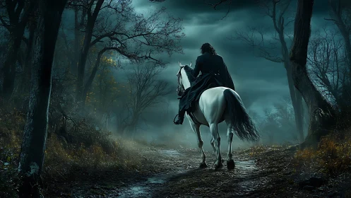 Solitary rider on white horse follows forest path at dusk