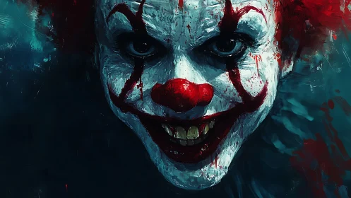 Sinister clown portrait shows grinning blood-smeared face