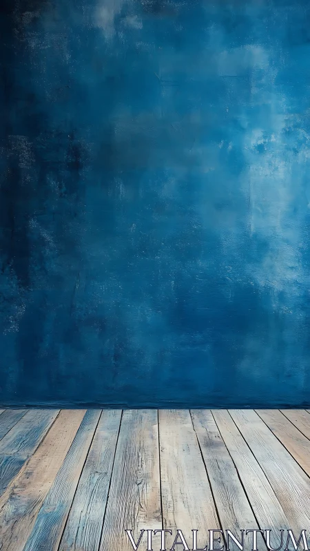 Weathered wood floor against textured cobalt studio wall.