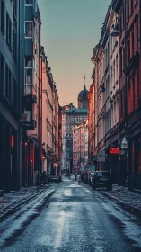 Quiet city street glows gently under a soft winter sunrise