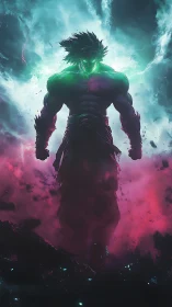Storm-charged warrior rises through neon cosmic chaos