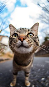 Tabby Cat's Direct Frontal Gaze with Wide-Angle Distortion Effect