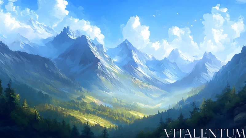 Mountain valley rendered with atmospheric depth and volumetric light