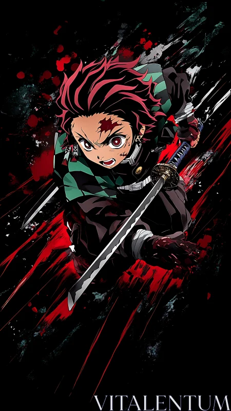 Intense anime swordsman lunging forward in battle pose.