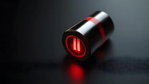 Futuristic black cylinder with glowing red pause symbol, digital art.