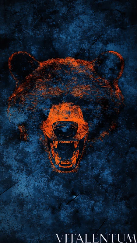 Neon orange roaring bear head on distressed indigo texture