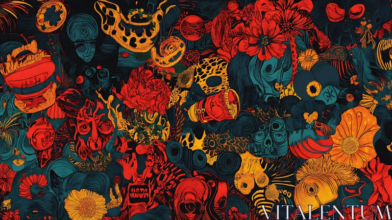 Dense floral and skull collage fills frame with red and teal