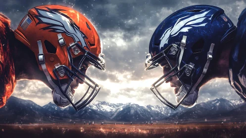 Opposing football players in profile before mountainous backdrop.