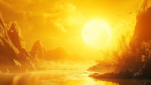 Golden sun engulfs misty canyon river in blazing light.