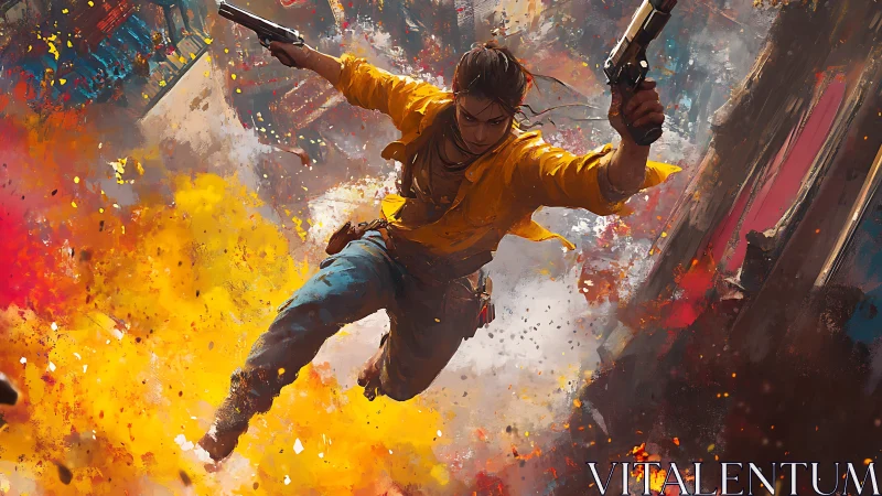 Gunfire acrobat dives through a storm of molten color and chaos.