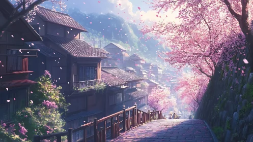 Sunlit hillside street wrapped in gentle cherry blossoms.