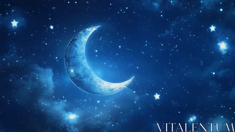 Silver crescent moon drifts softly through glittering midnight