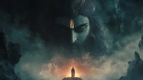 Colossal divine visage over lone robed figure in fiery mist