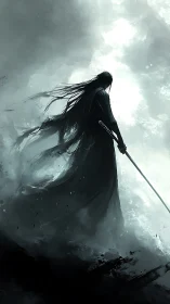 Shadow samurai emerges through stormlit monochrome void.