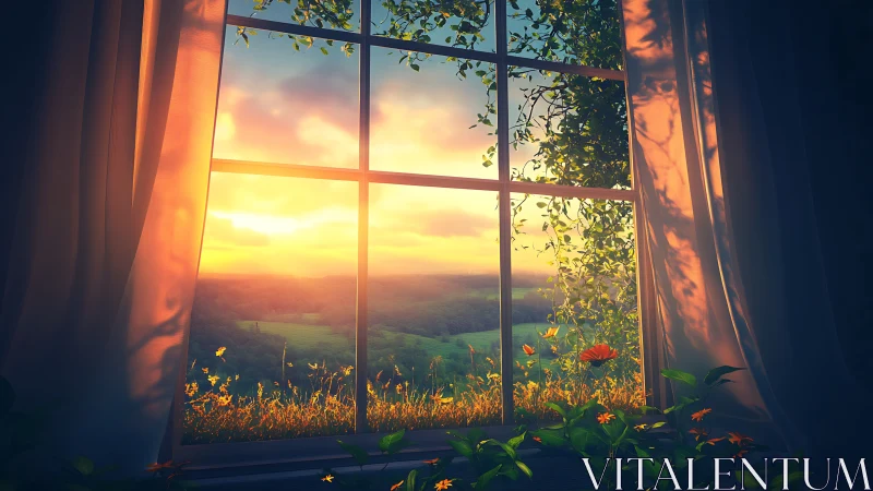 Sunset-lit window framing meadow depth with warm volumetric light