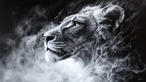 Monochrome lion profile emerging from swirling white smoke.