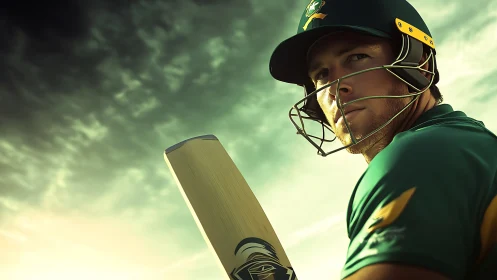 Focused cricket batsman under storm-lit evening sky.