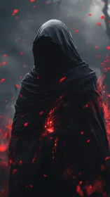 Hooded dark wraith with glowing red embers in foggy night