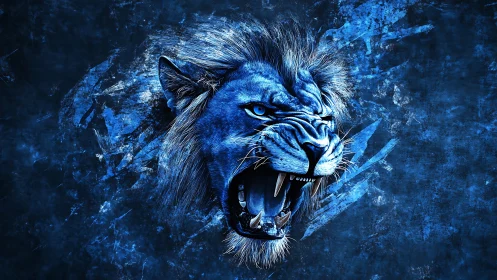 Electric blue roaring lion head over textured splatter field.