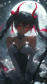 Moonlit gothic girl with glowing crimson eyes in white lace.