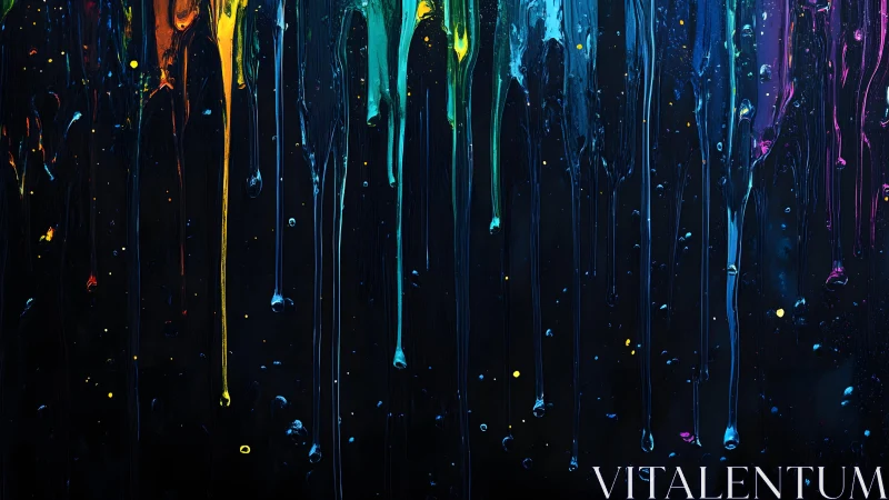 Vibrant multicolor paint drips on dark abstract background artwork.