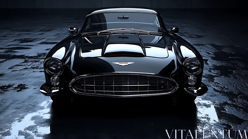 Classic black sports coupe in reflective studio light.