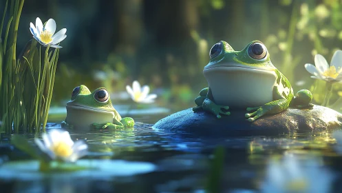 Green frogs on pond rock amid water lilies in soft light.