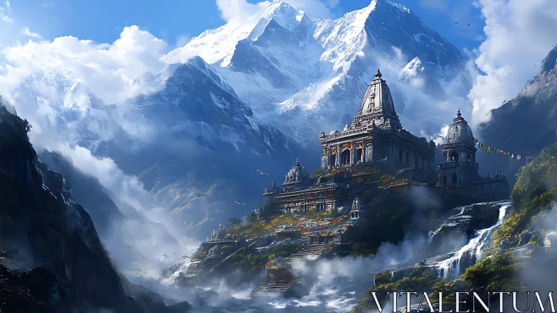 Mountain temple citadel emerging through glacial mist.