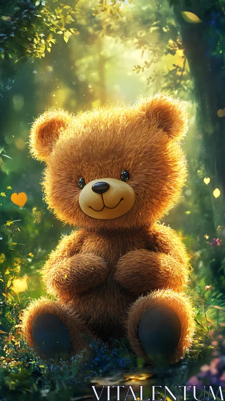 Fluffy teddy bear glows under golden forest sunlight.