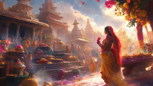 Hindu temple courtyard glows under colorful festival light