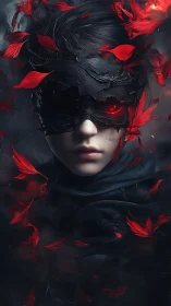 Midnight guardian gazes through shadowed mask and scarlet embers