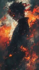 Brooding anime figure engulfed in swirling orange flames.