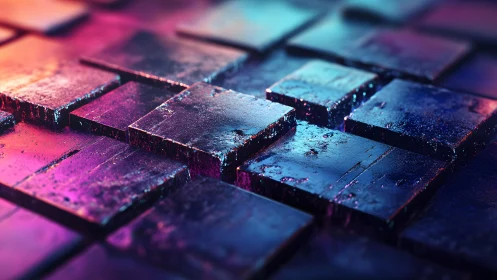 Abstract metallic tiles in vivid neon lighting, futuristic digital art.