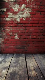 Weathered red brick wall and rustic wooden floor charm.