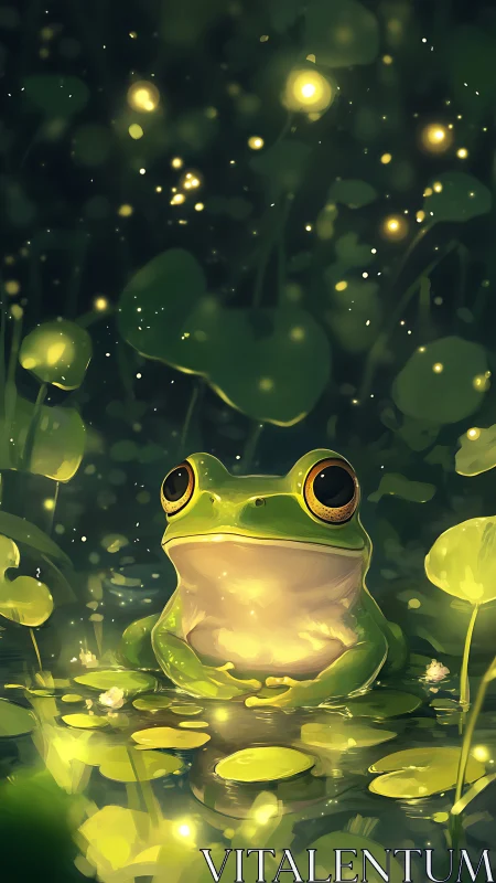 Glow-lit green frog amid luminous firefly pondscape.