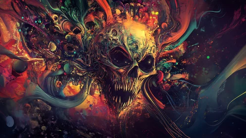 Infernal chromatic skull exploding in molten nebulae.