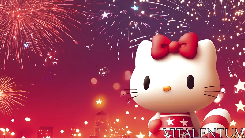 Cartoon cat observes bright city fireworks under red sky