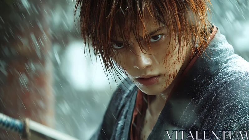 Rain-soaked swordsman holds blade with forward focused stare