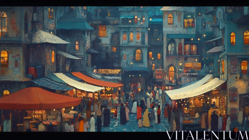 Evening market glow in a cozy old city quarter.