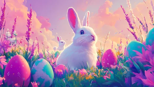 White rabbit among decorated eggs in stylized spring meadow.