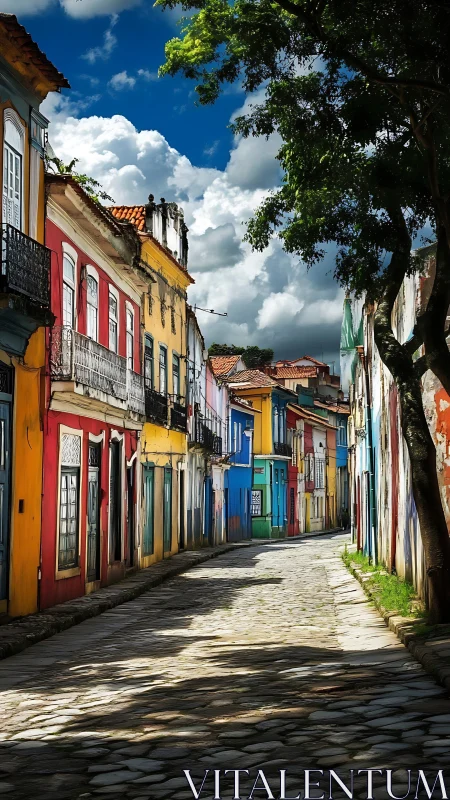 Sunlit cobblestone lane wrapped in rainbow houses and clouds.