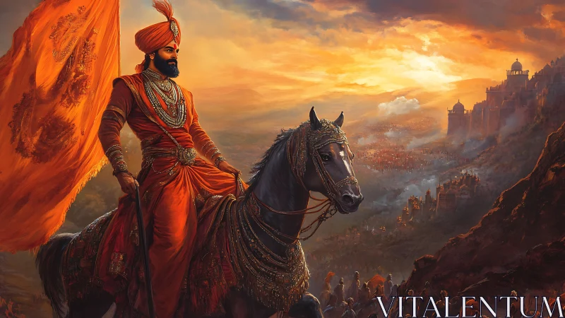 Warrior king on armored horse before fiery battlefield.