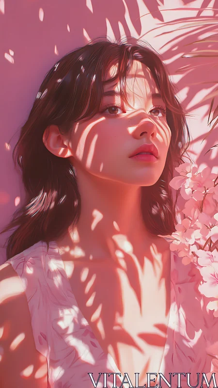 Sun-dappled daydream paints her gaze in soft pink shadows