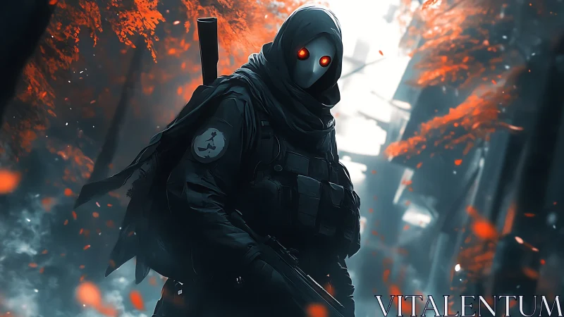 Hooded ghost soldier stands in burning neon autumn ruins