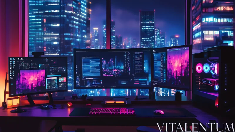 Multi-monitor workstation facing illuminated city skyline.