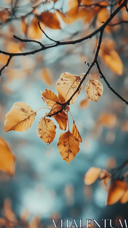 Golden autumn leaves hang sharply focused against soft teal bokeh