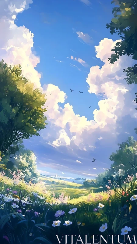 Lush countryside meadow under towering summer clouds.