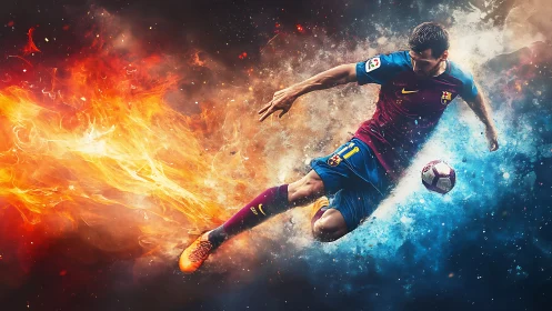 Dynamic soccer hero slicing through fire and ice energy.